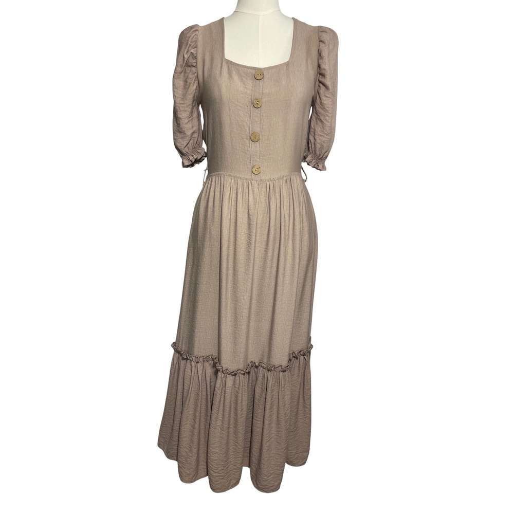 WE PARKhande Boho Midi Dress Small 36 Beige Taupe Cottagecore Puff Sleeve Linen